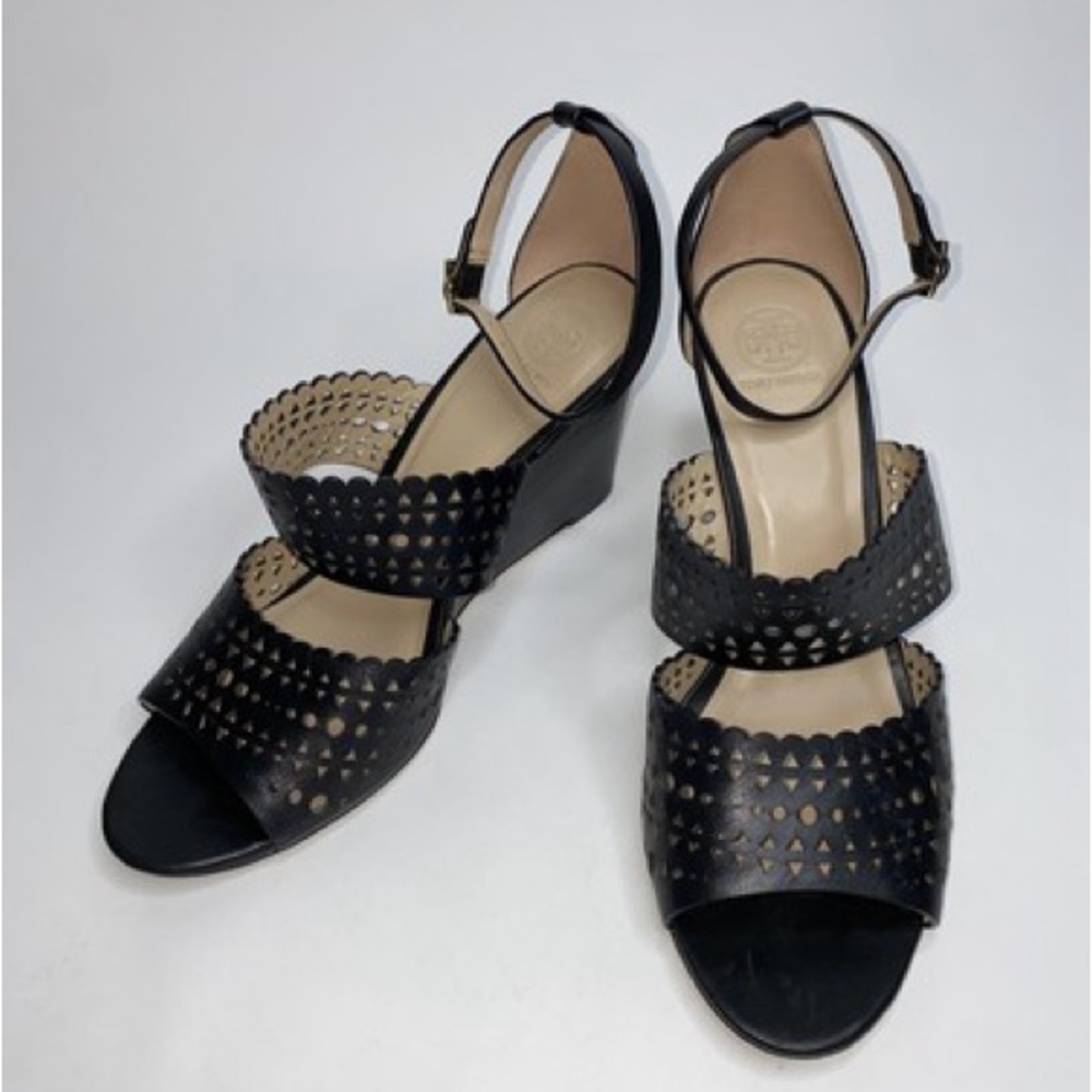 Tory Burch Black Perforated Leather Ankle-Strap Wedges